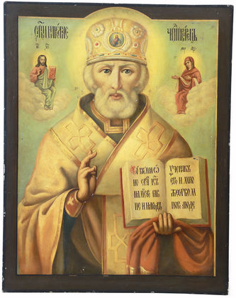 Большая старинная икона "Святитель Николай Чудотворец" в окладе - фото 3