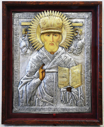 Большая старинная икона "Святитель Николай Чудотворец" в окладе - фото 4