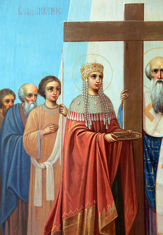 Старинная икона "Воздвижение Креста Господня со святой царицей Еленой и патриархом Макарием" - фото 2
