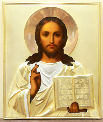 Фабрика Семена и Петра Галкиных
Старинная икона в стиле модерн "Господь Вседержитель" в серебряном окладе