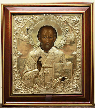 Старинная икона "Николай Чудотворец" в окладе с цветочным орнаментом в стиле модерн - фото 4