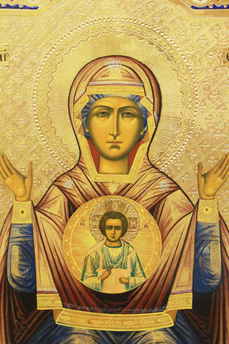 Старинная икона Богоматери "Знамение" на золотом фоне - фото 2