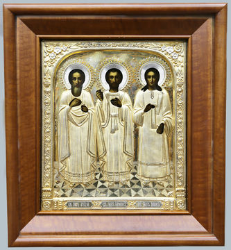 Старинная икона покровителей семейного очага "Святые мученики Самон, Гурий и Авив" в серебряном окладе - фото 4
