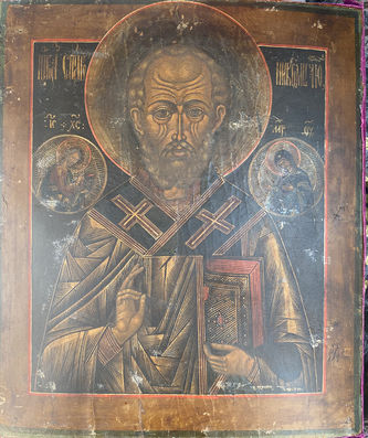 Старинная икона Николая Чудотворца в серебряном окладе с эмалью - фото 5