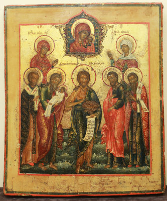 Старинная икона "Иоанн Креститель с избранными святыми" в серебряном окладе - фото 3