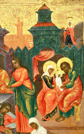 Старинная икона "Рождество Богородицы" с орнаментом в древнерусском стиле - фото 3