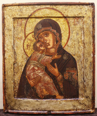 Старинная икона "Богоматерь Владимирская" в серебряном окладе с зеленым камнем - фото 2