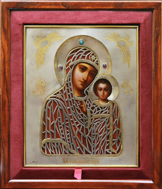 Мастер Смирнов Дмитрий Лукич
Старинная икона "Казанская Богоматерь" в окладе с камнями в стиле модерн - фото 4