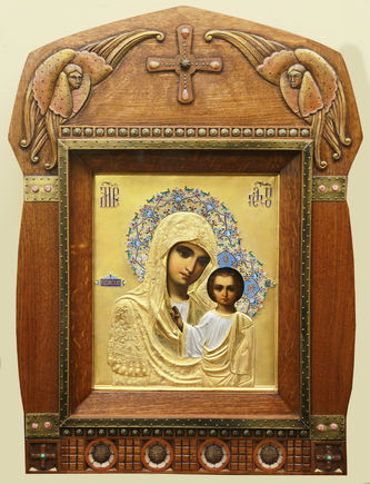 Фабрика Семена и Петра Галкиных
Старинная икона "Богоматерь Казанская" в окладе с расписной эмалью