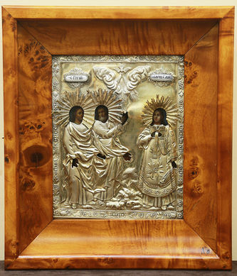 Мастер-ювелир Михайлов Н.
Старинная икона "Святые Самон, Гурий, Авив" в окладе с цветочным орнаментом - фото 4