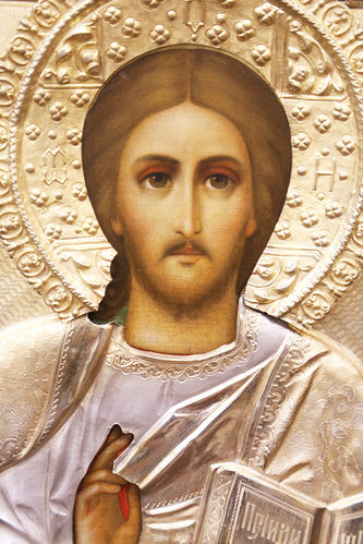 Старинная икона "Господь Вседержитель" в окладе с цветочным орнаментом - фото 2