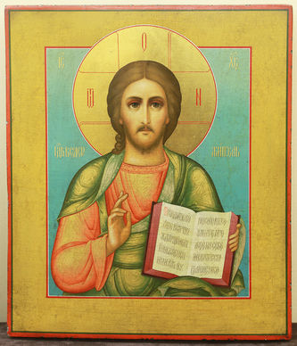 Старинная икона "Господь Вседержитель" в окладе с цветочным орнаментом - фото 3