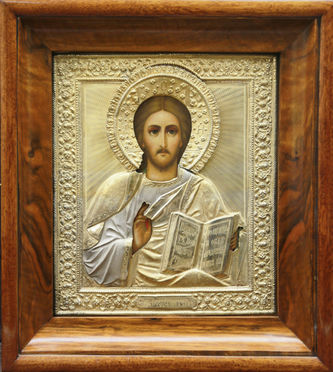 Старинная икона "Господь Вседержитель" в окладе с цветочным орнаментом - фото 4