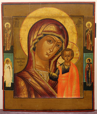 Старинная икона "Богоматерь Казанская" с предстоящими святыми