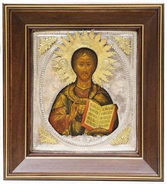 Старинная икона "Господь Вседержитель" в ампирном серебряном окладе с тондо - фото 4