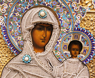 Старинная икона "Смоленская Богоматерь" в окладе с эмалью и бисером - фото 2