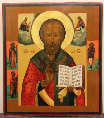 Мастер-ювелир Мухин Александр Алексеев
Старинная икона "Николай Чудотворец с предстоящими" в окладе с цветами - фото 3