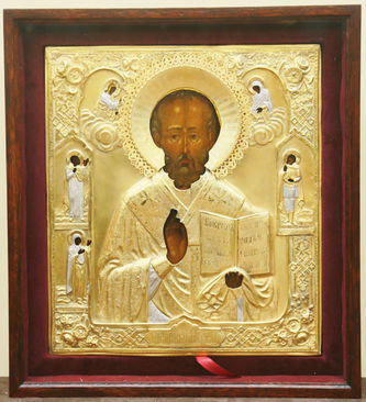 Мастер-ювелир Мухин Александр Алексеев
Старинная икона "Николай Чудотворец с предстоящими" в окладе с цветами - фото 4