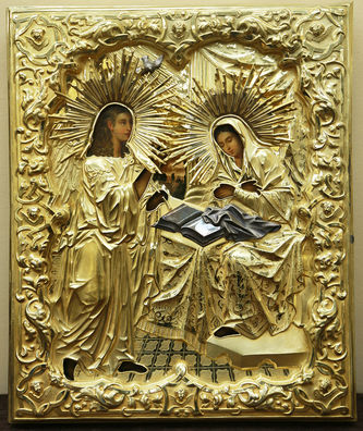 Старинная икона "Благовещение" в барочном окладе