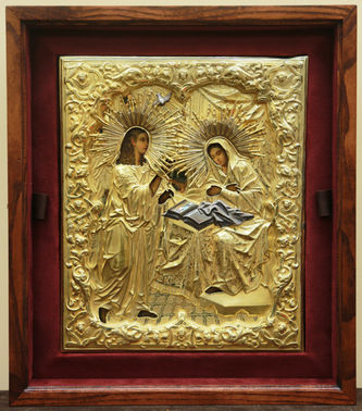 Старинная икона "Благовещение" в барочном окладе - фото 4