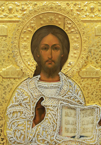 Старинная икона "Господь Вседержитель" в окладе с жемчужной ризой - фото 2