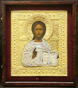 Старинная икона "Господь Вседержитель" в окладе с жемчужной ризой - фото 4