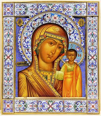 Старинная икона "Богоматерь Казанская" в эмалевом окладе