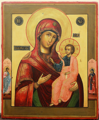 Старинная икона "Иверская Богоматерь с предстоящими" в окладе с эмалью - фото 3