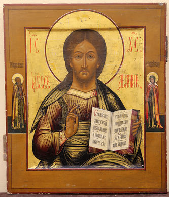 Старинная икона "Господь Вседержитель" с предстоящими