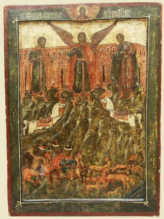 Старинная храмовая икона "Собор Архангела Михаила: мученики Флор и Лавр"