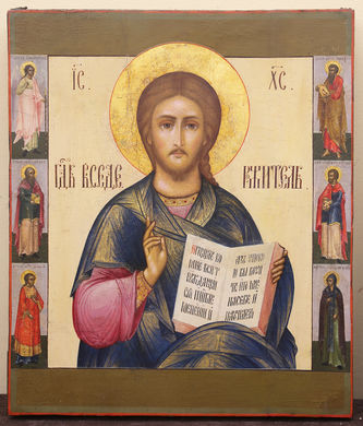 Старинная икона "Господь Вседержитель" в окладе с предстоящими - фото 2