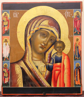 Старинная икона "Богоматерь Казанская" с предстоящими святыми