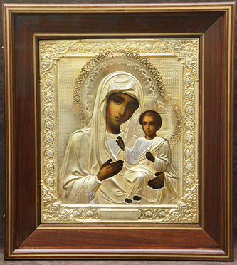 Старинная икона "Иверская Богоматерь" в окладе с пальметтами - фото 4