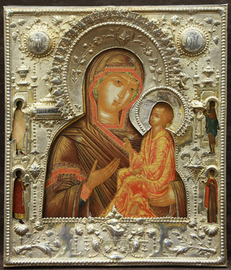 Мастер-ювелир Ратков Григорий Степанович
Старинная икона "Тихвинская Богоматерь с предстоящими" в окладе в стиле раннего классицизма