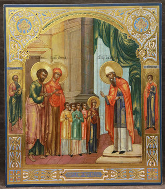 Старинная икона "Введение Богородицы во храм" с предстоящими