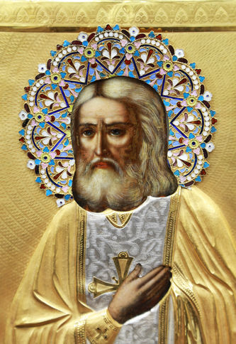 Старинная икона "Серафим Саровский" в окладе с эмалью и гильошированным фоном - фото 2