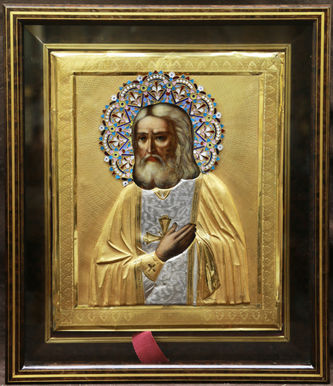 Старинная икона "Серафим Саровский" в окладе с эмалью и гильошированным фоном - фото 4