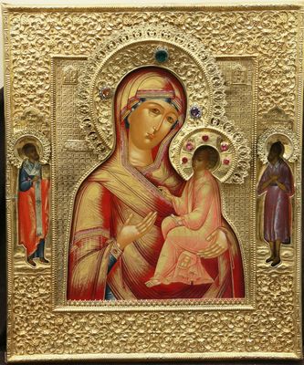 Старинная икона "Тихвинская Богородица с предстоящими" в окладе с камнями