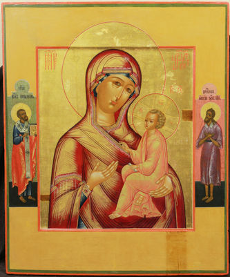 Старинная икона "Тихвинская Богородица с предстоящими" в окладе с камнями - фото 2