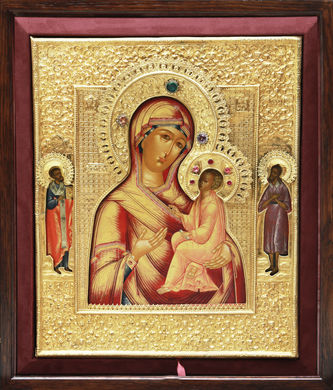 Старинная икона "Тихвинская Богородица с предстоящими" в окладе с камнями - фото 5