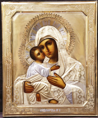 Старинная икона "Владимирская Богоматерь" в окладе в русском стиле