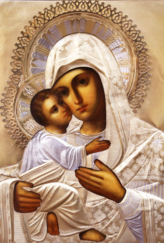 Старинная икона "Владимирская Богоматерь" в окладе в русском стиле - фото 2