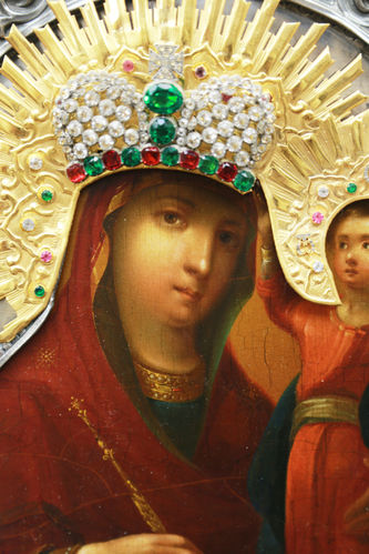 Старинная икона Богоматери "Призри на смирение" с короной в окладе с камнями - фото 2