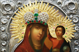 Старинная икона Богоматери "Призри на смирение" с короной в окладе с камнями - фото 3