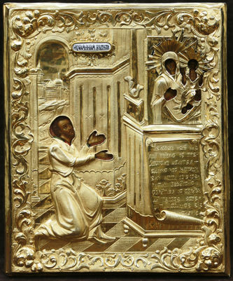 Старинная икона Богородицы "Нечаянная радость" в окладе