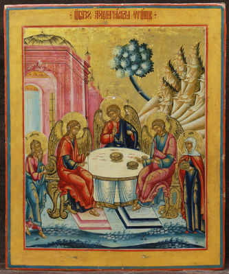 Старинная икона "Троица Ветхозаветная" в барочном окладе - фото 2