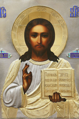 Фабрика Галкиных Семена и Петра
Старинная икона "Господь Вседержитель" в окладе с эмалью и меандром - фото 2