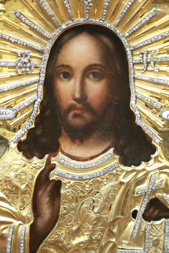 Старинная икона "Господь Вседержитель со скипетром и державой" в окладе с камнями - фото 2