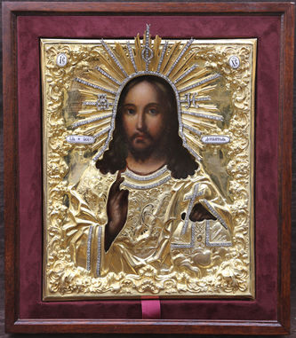 Старинная икона "Господь Вседержитель со скипетром и державой" в окладе с камнями - фото 4