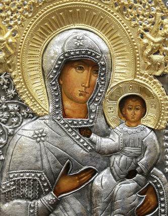 Старинная икона "Богоматерь Смоленская" в пышном барочном окладе - фото 2